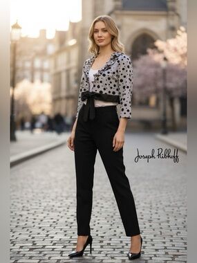 Joseph Ribkoff, Polka Dot Ruffle Bolero Jacket, Size 16, Gray Black Satin Tie